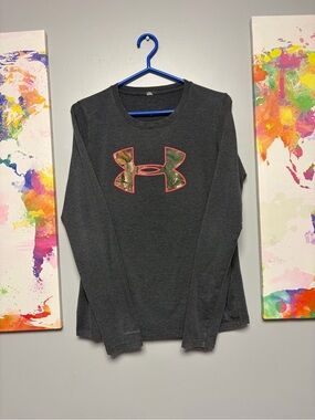 Under Armour Charcoal Long Sleeve Tee with Camo Logo and Pink Outline